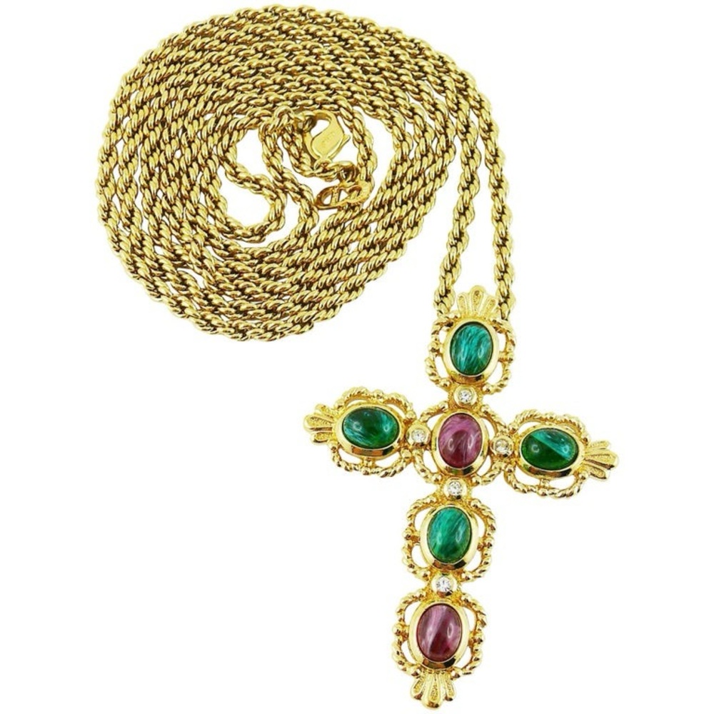 Christian Dior Vintage Jewelled Cross Pendant Necklace - Picture 3 of 5
